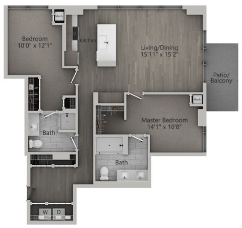 Floor plan for 2 beds, 2 baths, 1140 sqft